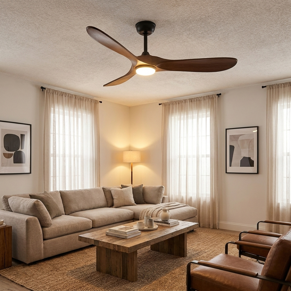 Ventilador de teto SmartWood instalado em sala de estar moderna