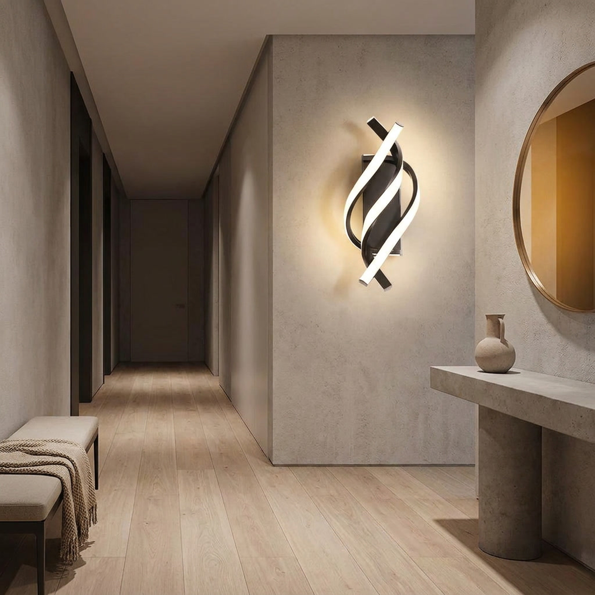 Arandela LED Espiral em corredor minimalista com luz ambiente
