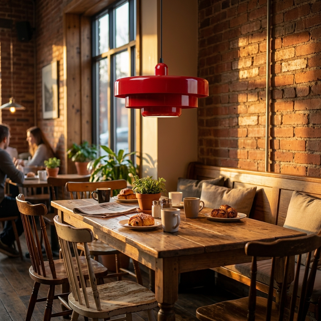 Pendente Retrô Urban Loft vermelho sobre cantinho de café estilo bistrô