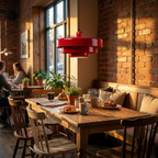 Pendente Retrô Urban Loft vermelho sobre cantinho de café estilo bistrô