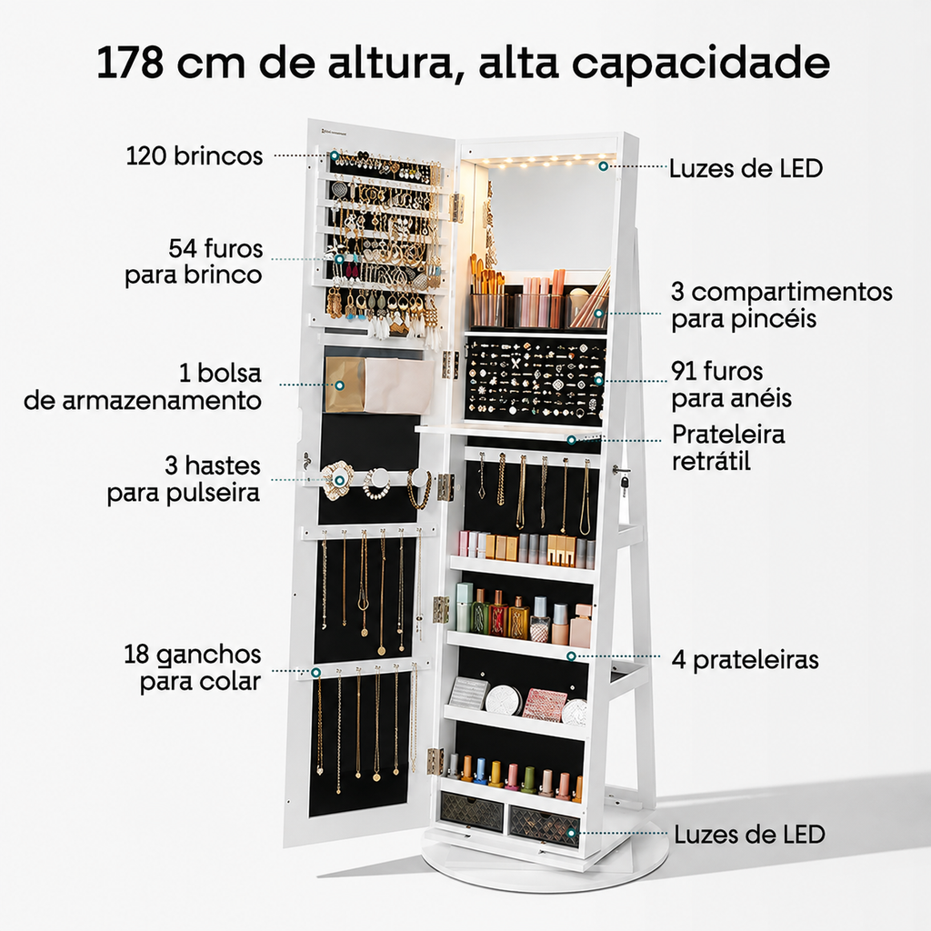 Espelho 360° 3 em 1 Penteadeira & Porta Joias e Bolsas